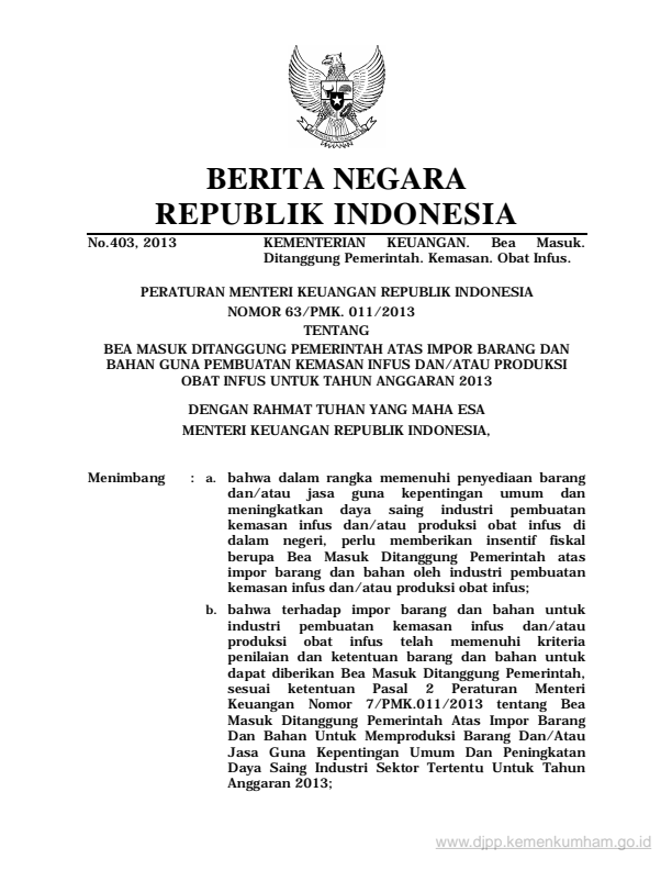 Peraturan Menteri Keuangan Nomor 63/PMK.011/2013