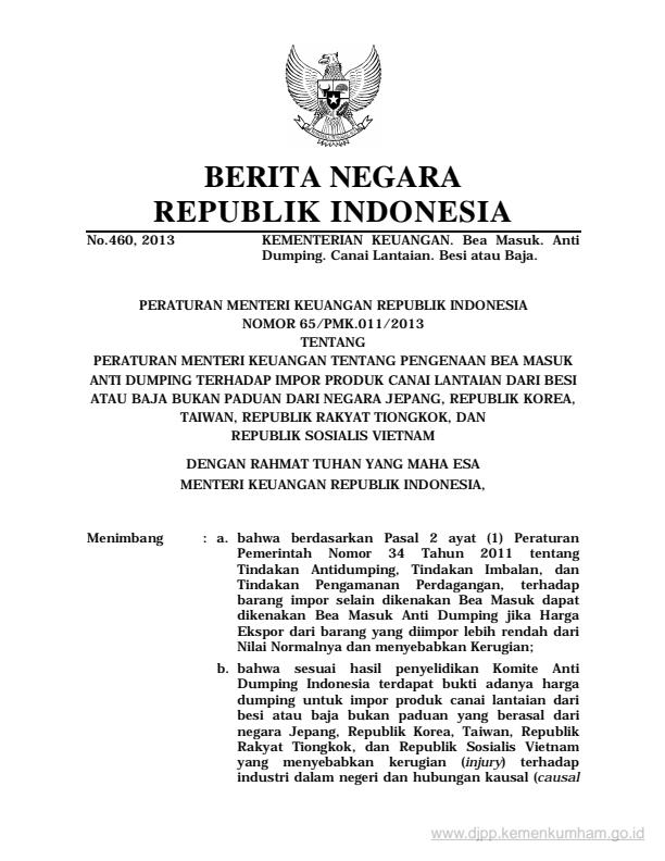 Peraturan Menteri Keuangan Nomor 65/PMK.011/2013