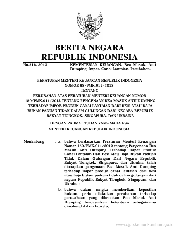 Peraturan Menteri Keuangan Nomor 68/PMK.011/2013