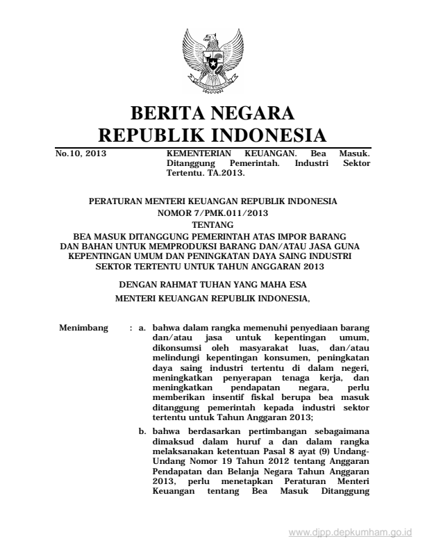 Peraturan Menteri Keuangan Nomor 7/PMK.011/2013