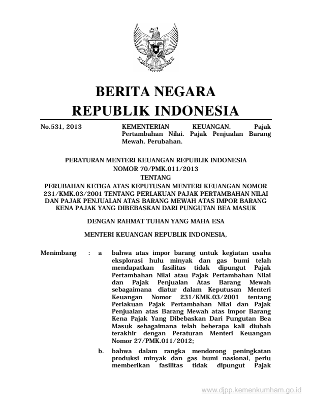 Peraturan Menteri Keuangan Nomor 70/PMK.011/2013