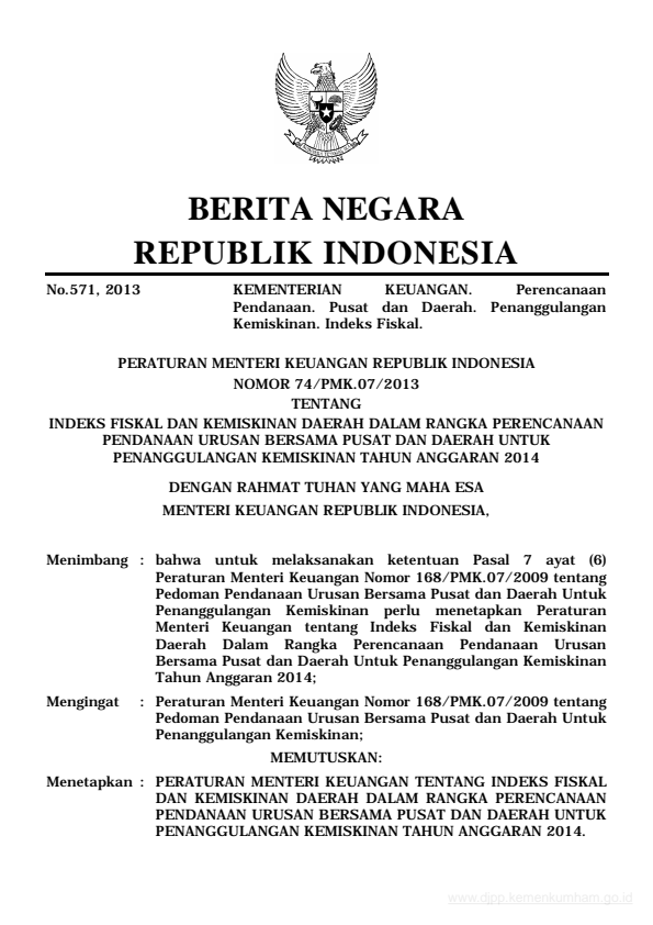 Peraturan Menteri Keuangan Nomor 74/PMK.07/2013