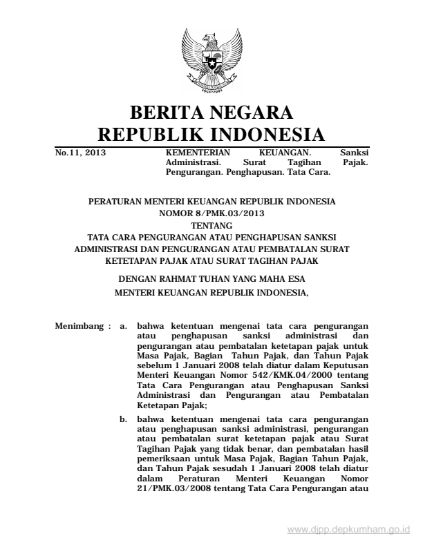 Peraturan Menteri Keuangan Nomor 8/PMK.03/2013