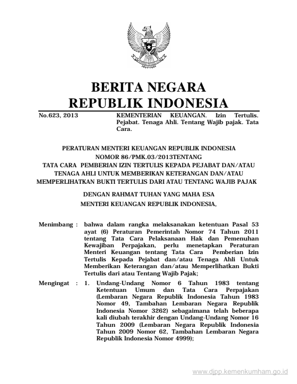 Peraturan Menteri Keuangan Nomor 86/PMK.03/2013