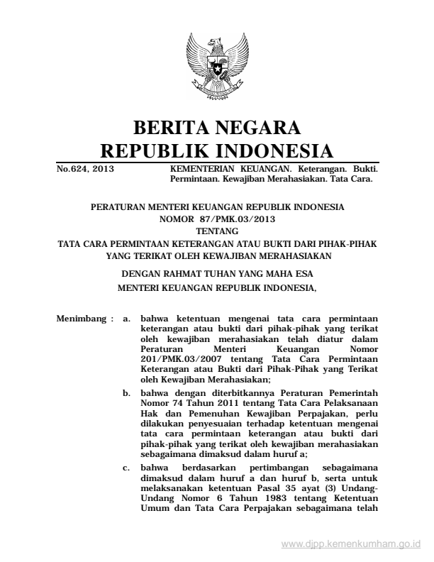 Peraturan Menteri Keuangan Nomor 87/PMK.03/2013