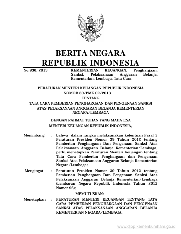 Peraturan Menteri Keuangan Nomor 89/PMK.02/2013