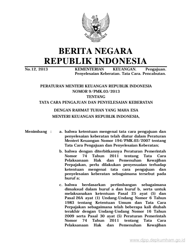 Peraturan Menteri Keuangan Nomor 9/PMK.03/2013