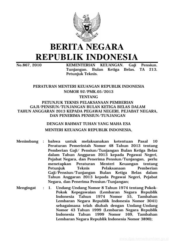 Peraturan Menteri Keuangan Nomor 92/PMK.05/2013