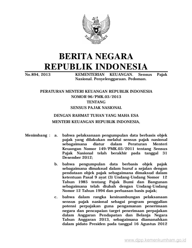 Peraturan Menteri Keuangan Nomor 96/PMK.03/2013