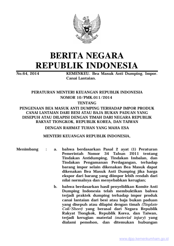 Peraturan Menteri Keuangan Nomor 10/PMK.011/2014