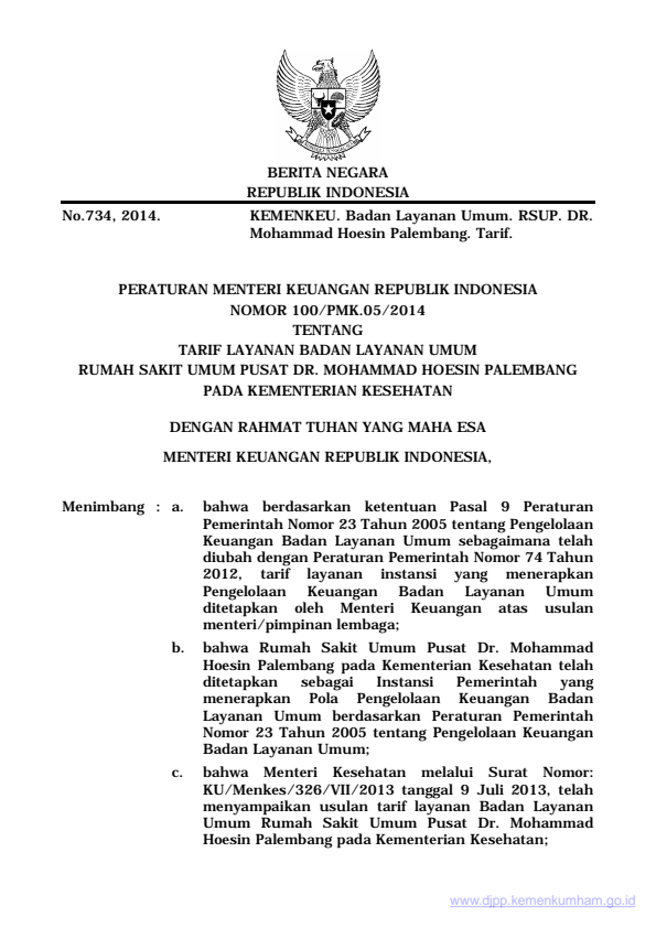 Peraturan Menteri Keuangan Nomor 100/PMK.05/2014