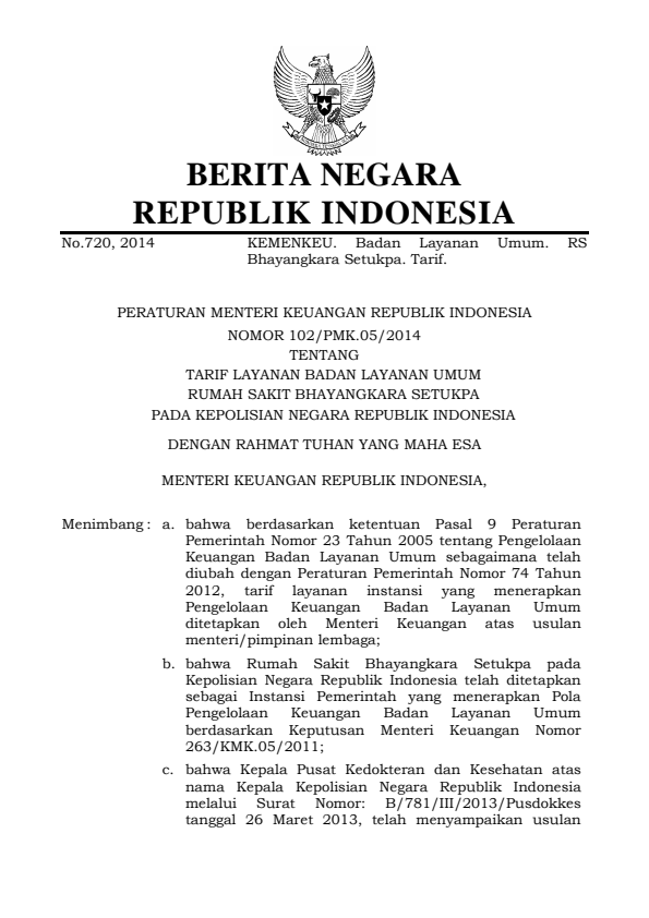 Peraturan Menteri Keuangan Nomor 102/PMK.05/2014