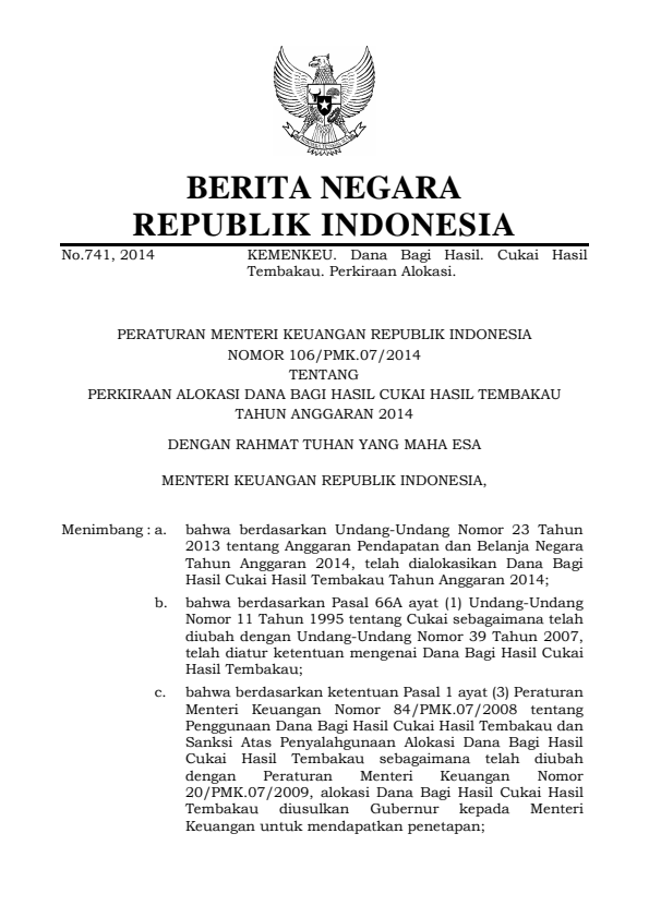 Peraturan Menteri Keuangan Nomor 106/PMK.07/2014