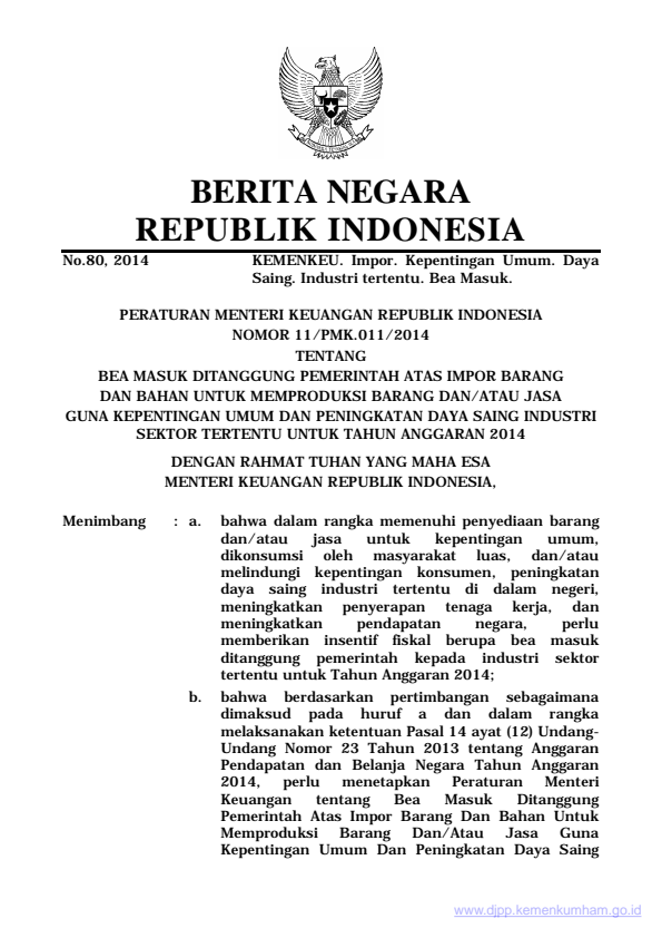 Peraturan Menteri Keuangan Nomor 11/PMK.011/2014