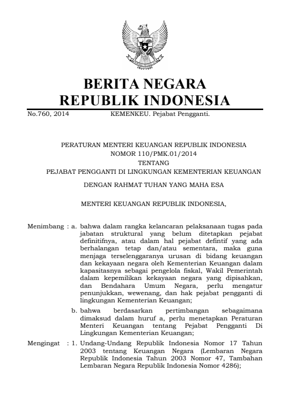 Peraturan Menteri Keuangan Nomor 110/PMK.01/2014