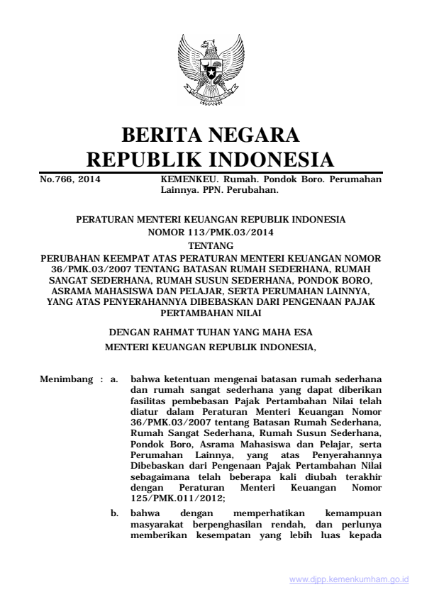 Peraturan Menteri Keuangan Nomor 113/PMK.03/2014