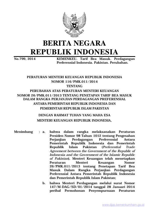 Peraturan Menteri Keuangan Nomor 116/PMK.011/2014