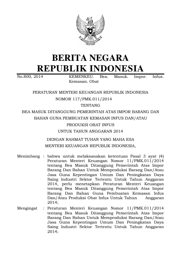 Peraturan Menteri Keuangan Nomor 117/PMK.011/2014