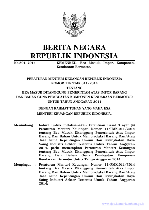 Peraturan Menteri Keuangan Nomor 118/PMK.011/2014