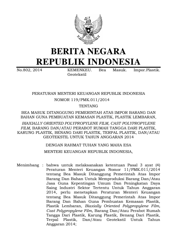 Peraturan Menteri Keuangan Nomor 119/PMK.011/2014