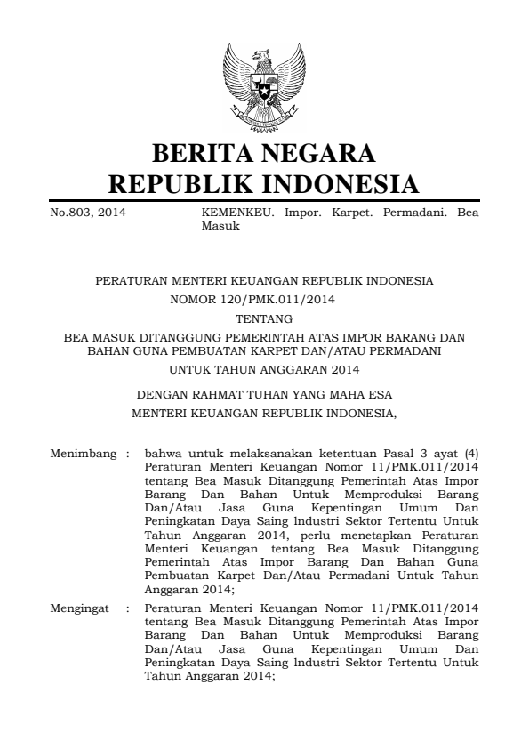 Peraturan Menteri Keuangan Nomor 120/PMK.011/2014