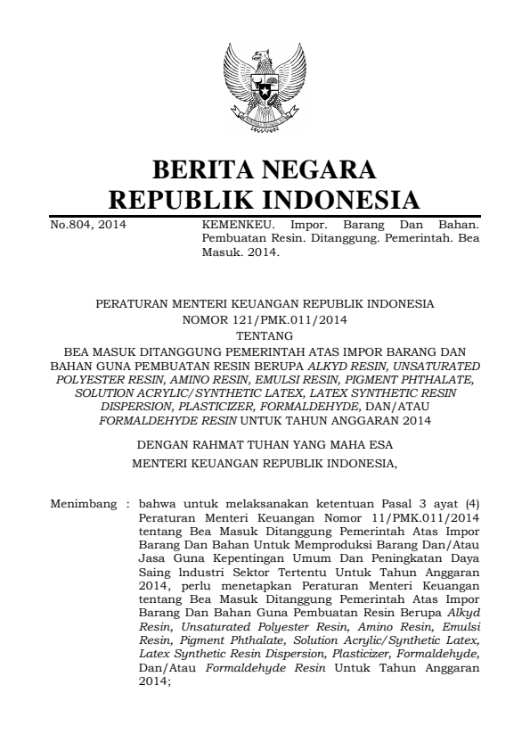 Peraturan Menteri Keuangan Nomor 121/PMK.011/2014