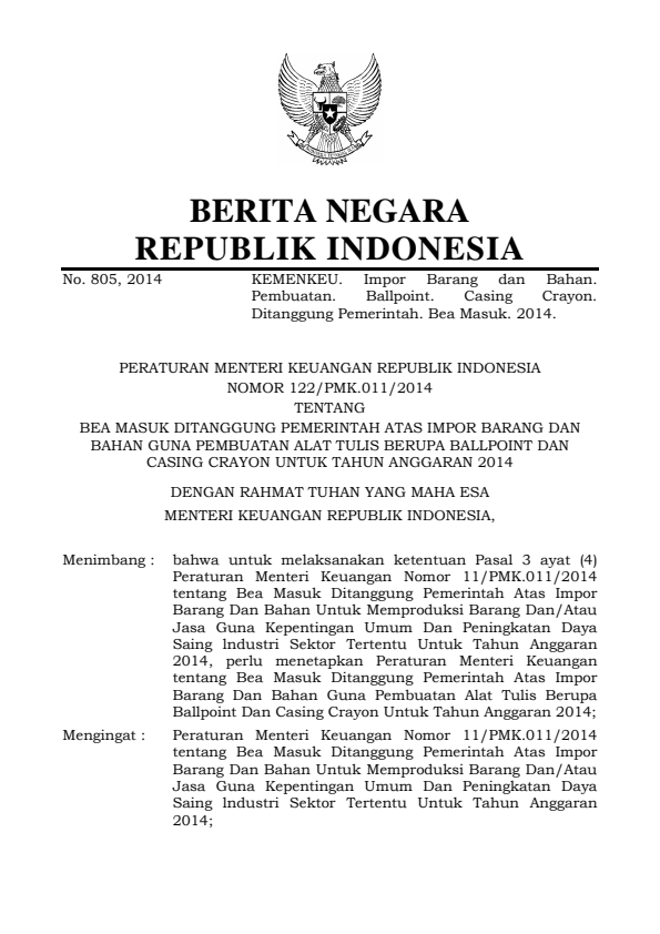 Peraturan Menteri Keuangan Nomor 122/PMK.011/2014