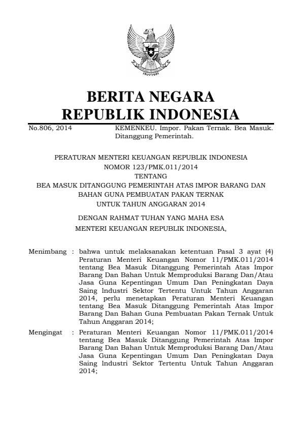 Peraturan Menteri Keuangan Nomor 123/PMK.011/2014