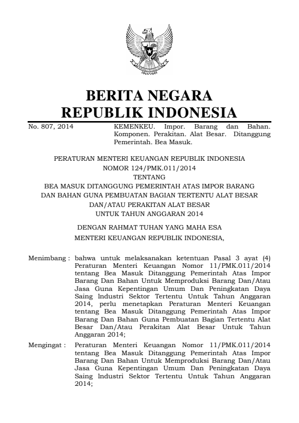 Peraturan Menteri Keuangan Nomor 124/PMK.011/2014