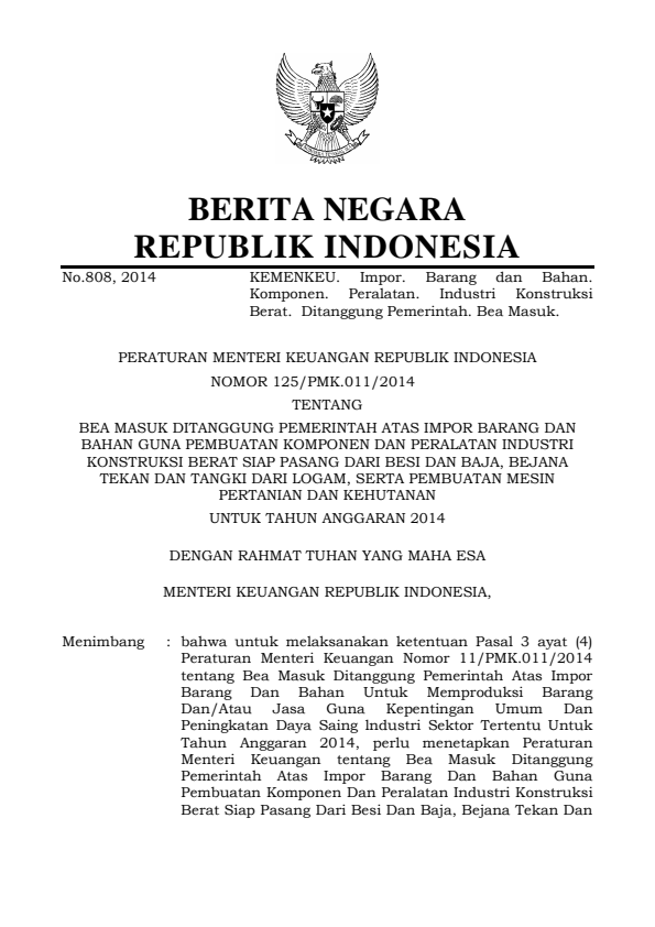 Peraturan Menteri Keuangan Nomor 125/PMK.011/2014