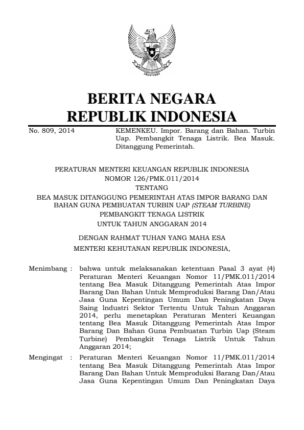 Peraturan Menteri Keuangan Nomor 126/PMK.011/2014