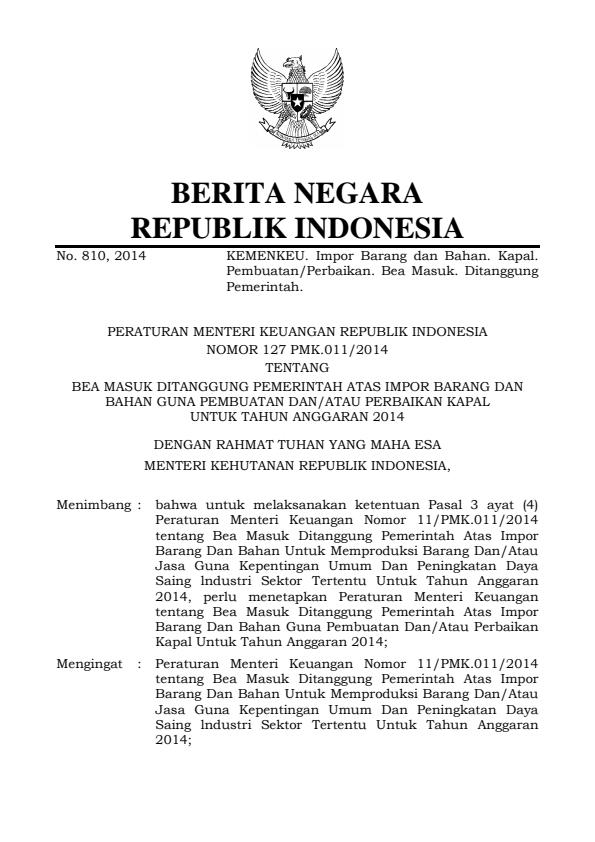 Peraturan Menteri Keuangan Nomor 127/PMK.011/2014