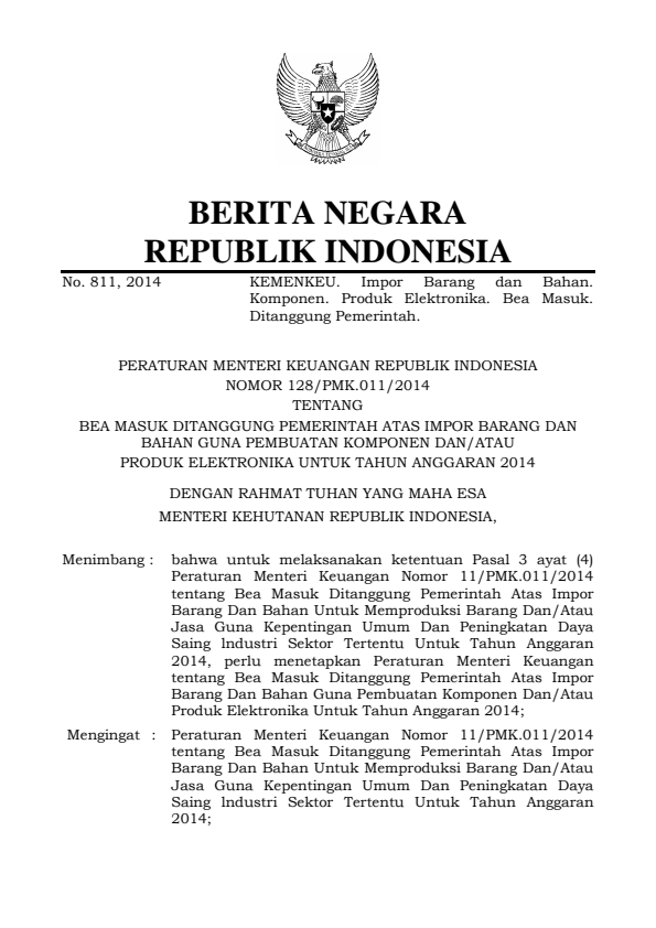 Peraturan Menteri Keuangan Nomor 128/PMK.011/2014