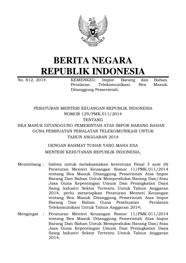 Peraturan Menteri Keuangan Nomor 129/PMK.011/2014