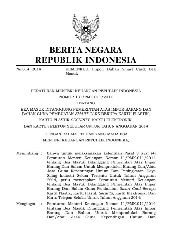 Peraturan Menteri Keuangan Nomor 131/PMK.011/2014