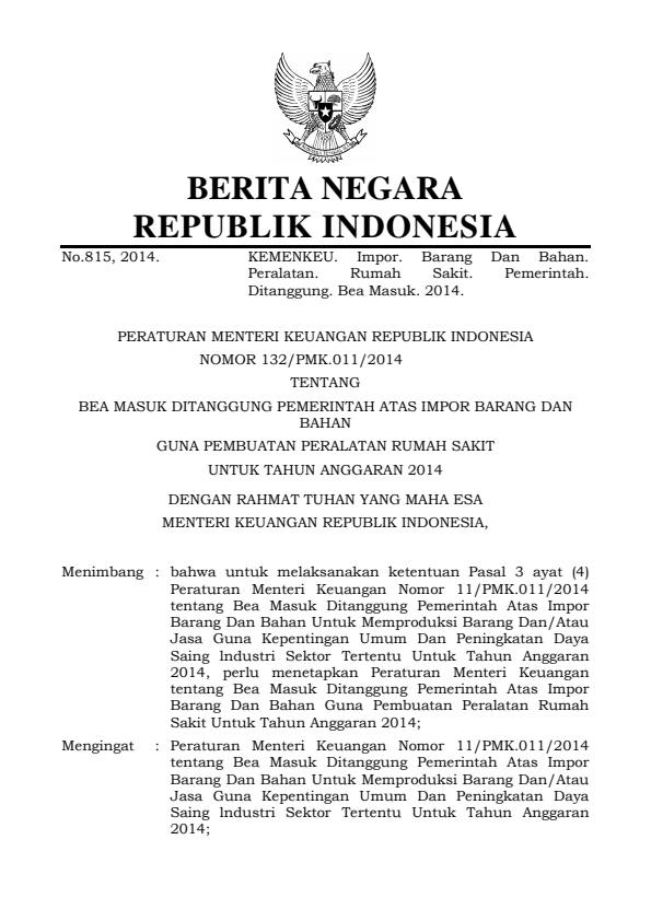 Peraturan Menteri Keuangan Nomor 132/PMK.011/2014