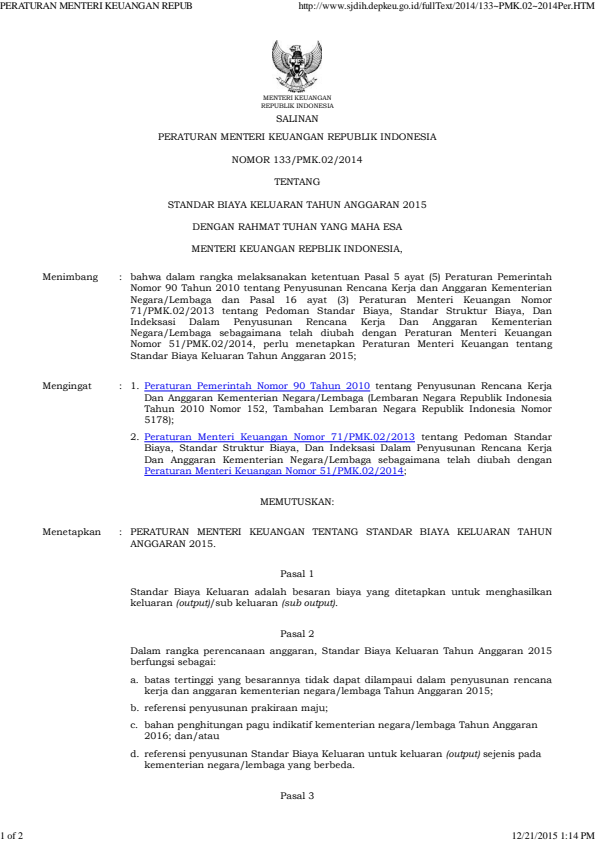 Peraturan Menteri Keuangan Nomor 133/PMK.02/2014