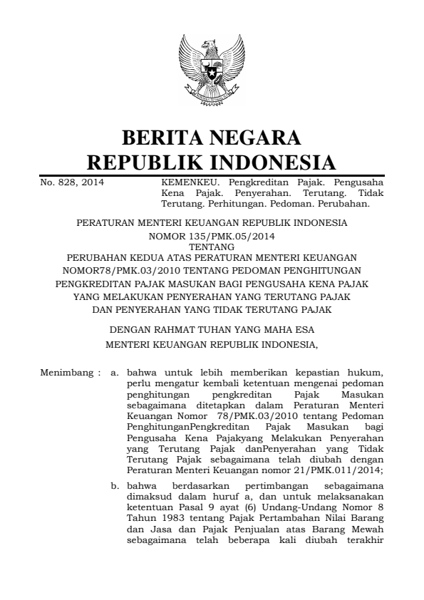 Peraturan Menteri Keuangan Nomor 135/PMK.011/2014