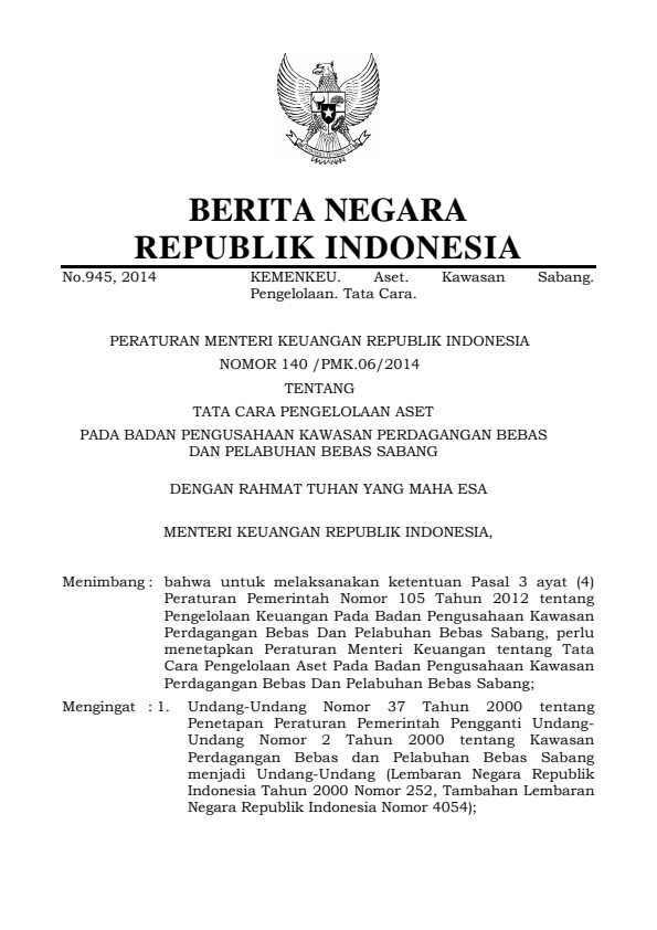 Peraturan Menteri Keuangan Nomor 140/PMK.06/2014