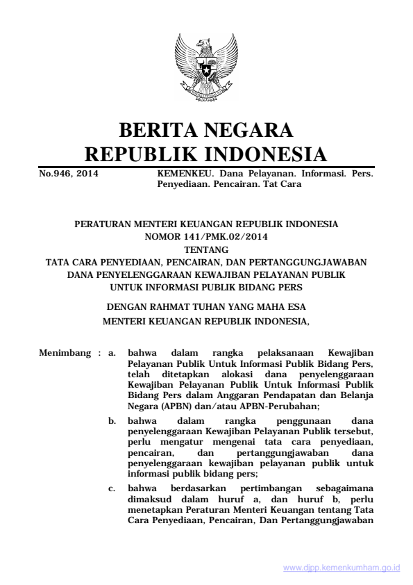 Peraturan Menteri Keuangan Nomor 141/PMK.02/2014