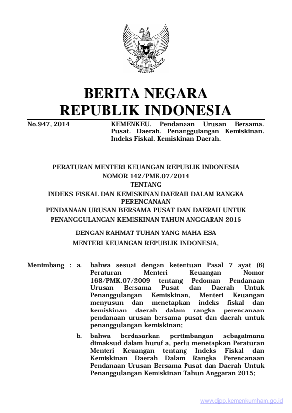 Peraturan Menteri Keuangan Nomor 142/PMK.07/2014