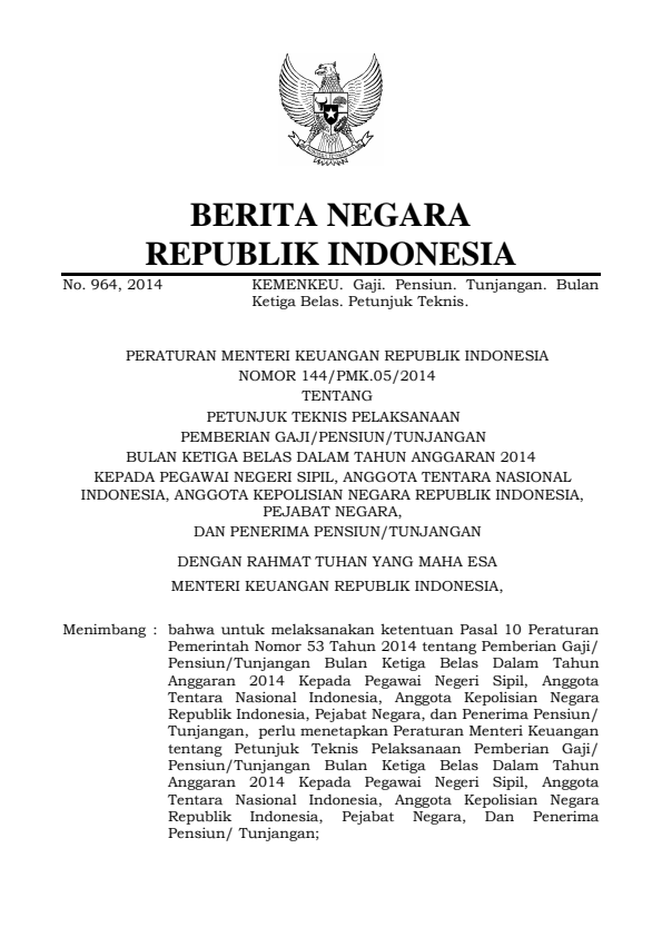 Peraturan Menteri Keuangan Nomor 144/PMK.05/2014