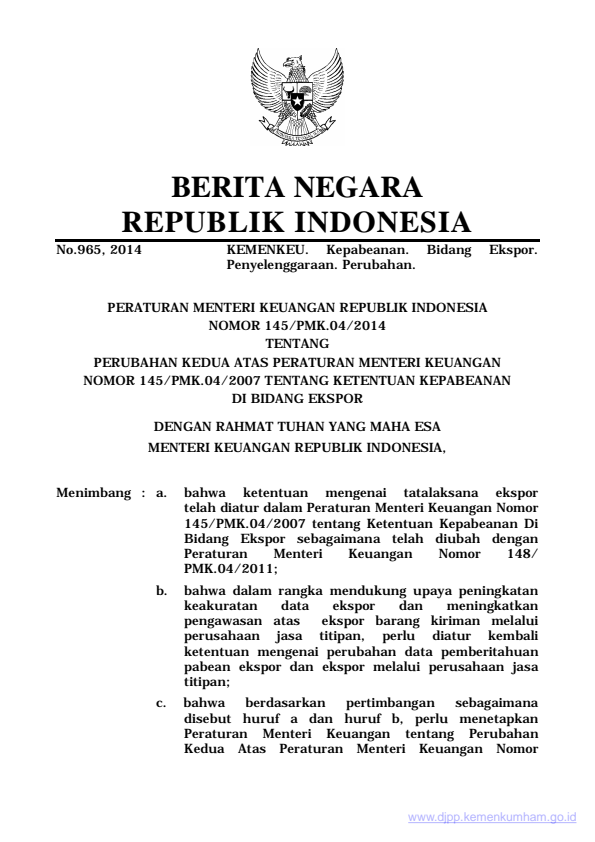 Peraturan Menteri Keuangan Nomor 145/PMK.04/2014