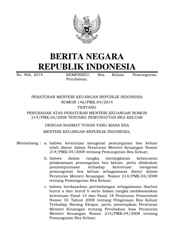 Peraturan Menteri Keuangan Nomor 146/PMK.04/2014