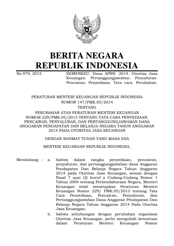 Peraturan Menteri Keuangan Nomor 147/PMK.05/2014