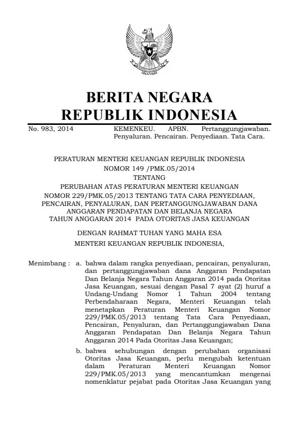 Peraturan Menteri Keuangan Nomor 149/PMK.011/2014