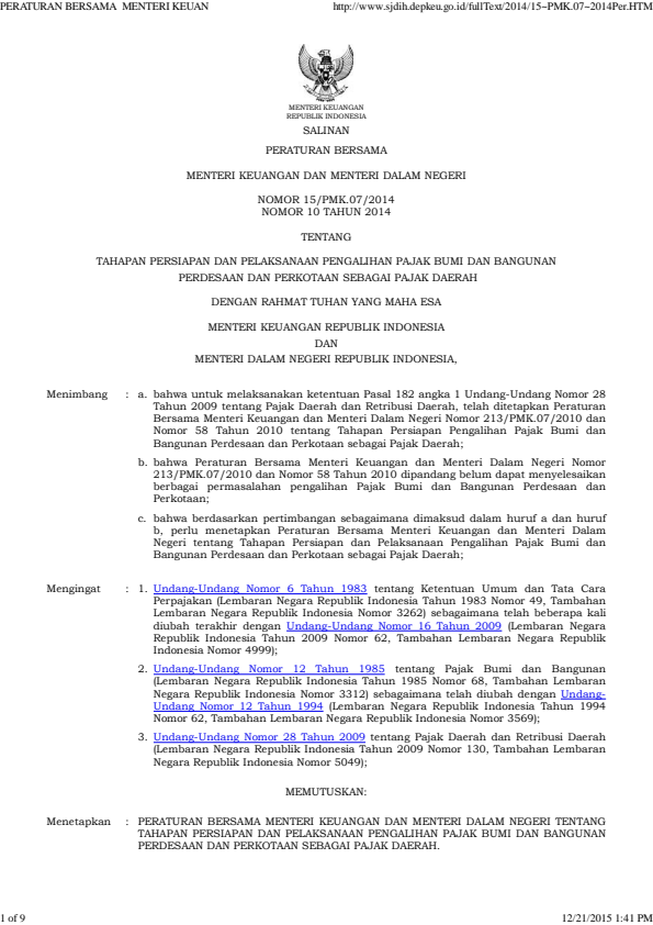 Peraturan Menteri Keuangan Nomor 15/PMK.07/2014