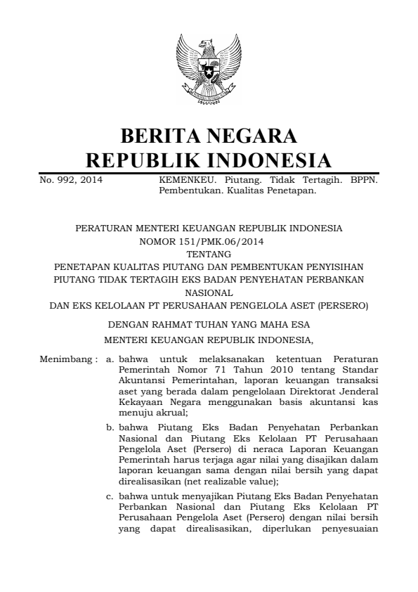 Peraturan Menteri Keuangan Nomor 151/PMK.06/2014