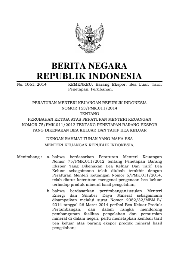 Peraturan Menteri Keuangan Nomor 153/PMK.011/2014