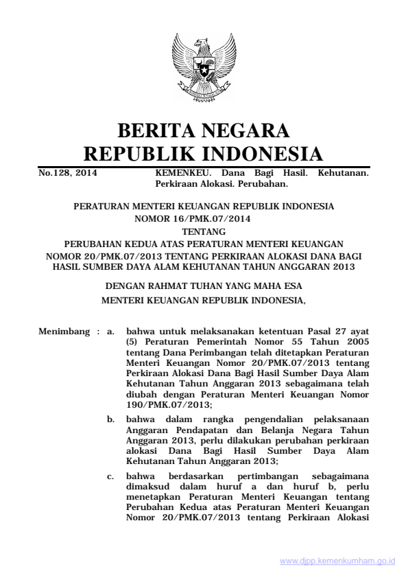 Peraturan Menteri Keuangan Nomor 16/PMK.07/2014